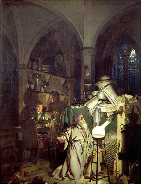 The Alchymist, In Search of the Philosopher’s Stone, Discovers Phosphorus, and prays for the successful Conclusion of his operation, as was the custom of the Ancient Chymical Astrologers, by Joseph Wright of Derby